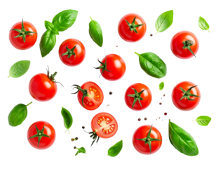 Fresh, vibrant red cherry tomatoes and basil leaves scattered on a black background