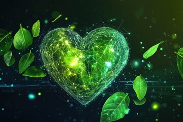 Digital Green Heart with Leaves: A Glowing Symbol of Nature, Health, and Technological Interconnection