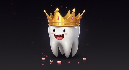 Cartoon tooth with golden crown and hearts digital illustration concept