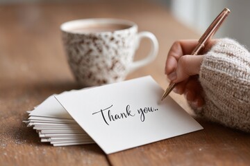 A personal touch of gratitude expressed through handwritten notes, accompanied by a warm coffee, a vintage pen, and a rustic wooden desk, ideal for conveying appreciation and heartfelt thanks