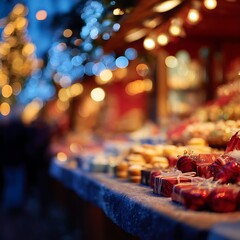 Christmas market, New Year lights, decorated shops, houses for trade, New Year in Europe, Xmas evening, close up, blurred