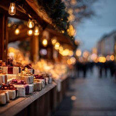 Christmas market, New Year lights, decorated shops, houses for trade, New Year in Europe, Xmas evening, close up, blurred
