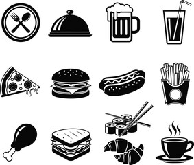 Black Silhouette Vector Icons of Food and Drinks Including Pizza, Burger, Fries, Beer, Coffee, Sushi, and Sandwich