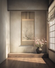 Fototapeta premium Tokonoma Alcove with Scroll and Flowers