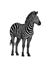 Detailed black and white engraving illustration of a standing zebra with distinctive stripes on a white background