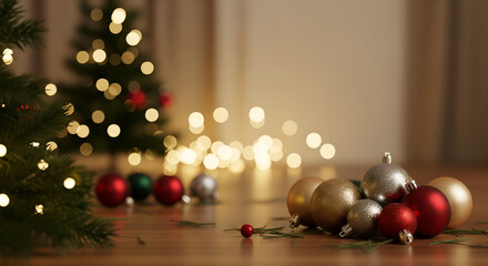 Fototapeta premium Christmas Ornaments Scattered by a Twinkling Tree: Festive Home Decor