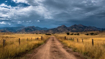 Dirt road leads through golden grasslands to distant mountains under a brooding sky.  A rustic gate stands ajar