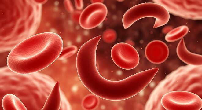 Microscopic view of red blood cells showing normal disc shapes and abnormal sickle shapes indicating sickle cell anemia disease