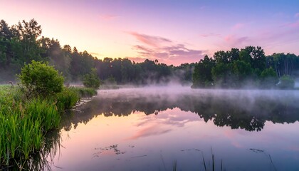 Pastel sunrise, misty lake