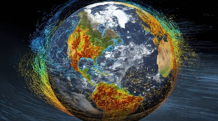 quadrants. Fractured globe with mismatched seasonal quadrants spinning chaotically amid erratic satellite data. ESG reports, sustainability campaigns, designed for environmental awareness campaigns.