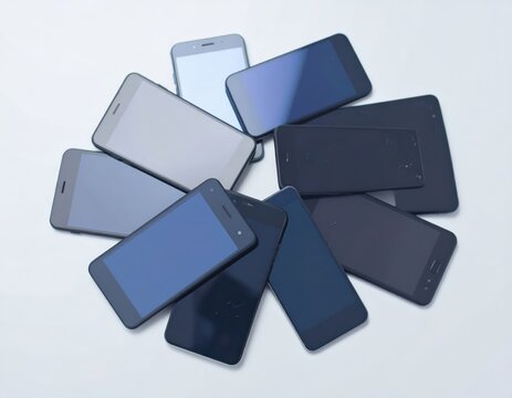 Pile of smartphones on white background