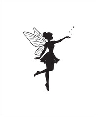 Fototapeta premium Silhouette of a fairy with wings, sprinkling magic dust sparkle glitter vector illustration fantasy whimsical magical design element
