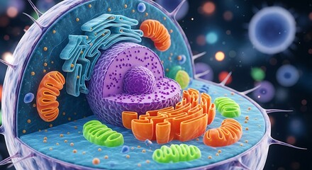 Detailed 3d illustration of a eukaryotic animal cell showcasing nucleus mitochondria endoplasmic reticulum and other organelles in a vibrant scientific depiction