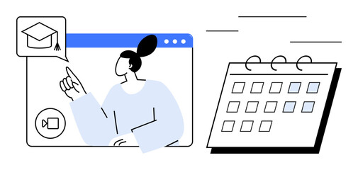 Person engaging in an online learning session on a video call alongside a calendar. Ideal for education, webinars, planning, e-learning, tutoring, scheduling, productivity. Minimalist flat metaphor