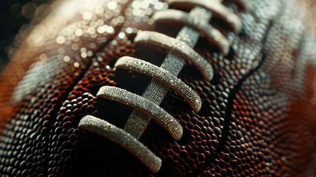 A detailed view of a football's surface with a lace pattern, emphasizing the texture and craftsmanship.
