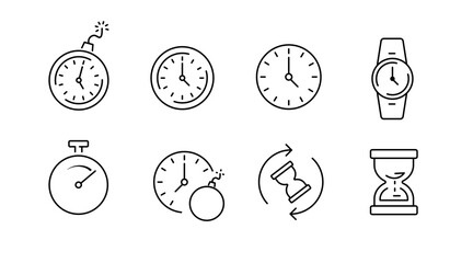 Time and clock line icons set &ndash; outline, linear, stopwatch and hourglass symbols