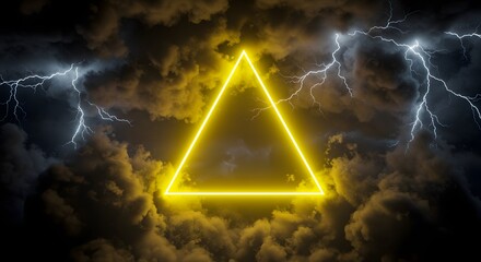 Abstract Glowing Triangle Neon Sign amidst Stormy Cloudy Atmosphere Background