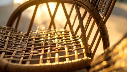 Close-up of a woven wicker chair seat in sunlight