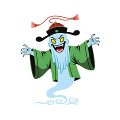 Smiling Ghostly Figure In Chinese Inspired Outfit Against Black Background