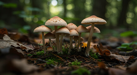Fototapeta premium Mushroom Grove: A cluster of vibrant, cap-topped mushrooms thrives in a natural woodland setting, the textures and colors of the forest floor in a balanced composition.