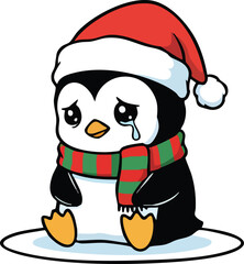 Sad Penguin in Santa Hat and Scarf Crying Tears