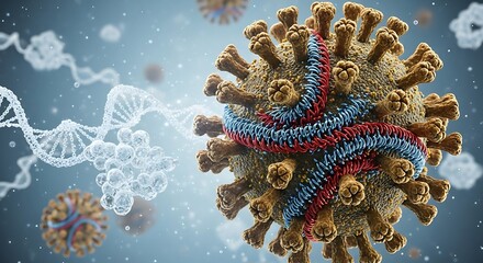 Microscopic view of a complex virus particle with intricate surface structures and genetic material visible in the background science illustration