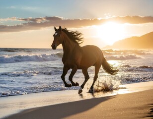 Wild horses galloping on sandy beach during sunset, ocean waves splashing, dramatic motion photo