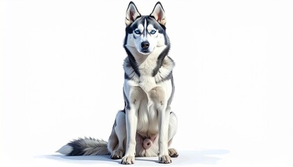 A husky dog sitting with blue eyes photorealistic fur texture white background with subtle shading
