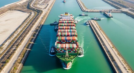 Massive container ship navigating a narrow artificial waterway with tugboats assisting its passage