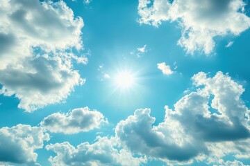 Radiant Sunlight Piercing Through Fluffy White Clouds in a Serene Azure Blue Sky Landscape