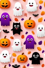 Fototapeta premium Cute Halloween Characters with Pumpkins and Ghosts on Pink Background