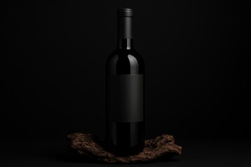 Fototapeta premium Elegant black wine bottle with blank label on rustic wood base in dark minimalist composition. Ai generative. Ai generative