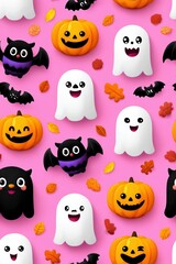 Fototapeta premium Cute Halloween Characters with Ghosts, Pumpkins, and Bats Design
