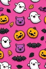 Fototapeta premium Colorful Halloween Pattern with Cute Ghosts and Pumpkins