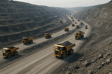 Massive fleet of yellow mining trucks transporting ore across a winding road in a terraced open-pit mine under cloudy skies. Ai generative. Ai generative