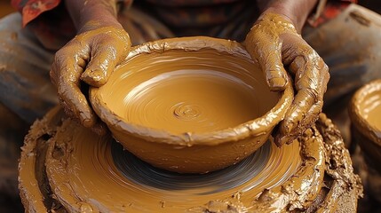 Hands shaping a bowl of clay on a potter's wheel.