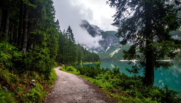 Path winds by misty lake