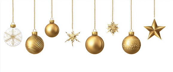 Golden christmas ornaments isolated on white background