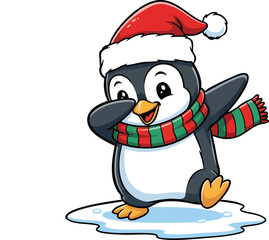 Cute Penguin Dabbing with Christmas Scarf and Santa Hat