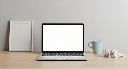 Modern minimalist desk setup featuring an open laptop with a blank screen a white picture frame and a light blue mug with headphones on a wooden surface