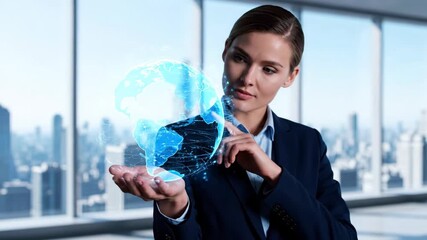 Businesswoman Holding Digital Globe, Global Connectivity - A businesswoman in a modern office holds a glowing digital globe in her hands, symbolizing global technology and connectivity. - Powered by Adobe