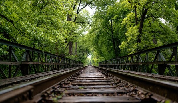 A perspective shot down a railway track traversing a metal bridge enveloped by a lush green forest canopy - Powered by Adobe
