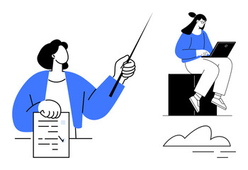 Person presenting document with pointer, another working on laptop sitting on block. Ideal for teamwork, collaboration, remote work, education, training, planning analysis. Simple flat metaphor