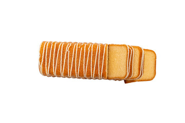 Top view of a sliced sponge loaf cake with icing stripes, displayed on a white background. Freshly baked and ready to serve. The image is isolated on a transparent PNG background.