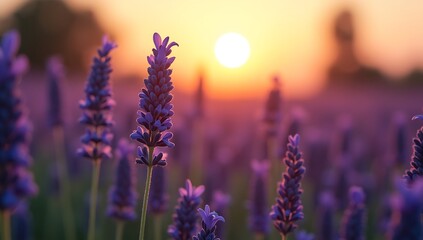 Fototapeta premium Low Angle View of Lavender Field at Sunset