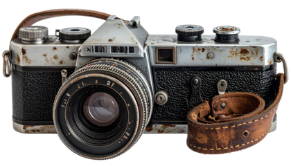 Aged silver and black camera with a weathered strap