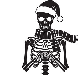 Festive Skeleton Enjoying a Hot Drink with Santa Hat and Scarf