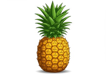 A vibrant illustration of a pineapple, showcasing its detailed scales and vibrant green leaves against a crisp white background.