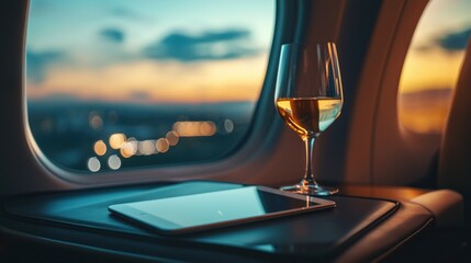 Wine and tablet airplane view