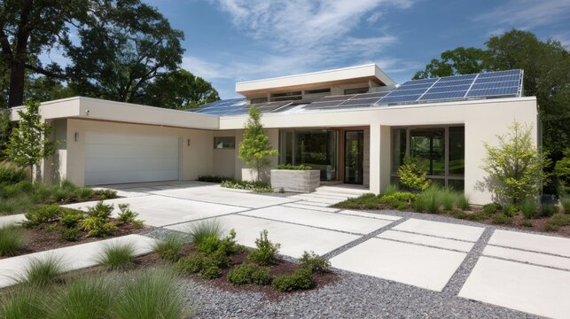modern solar home landscaped driveway